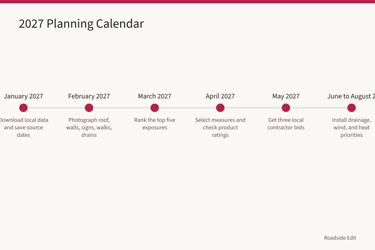 Month-by-month 2027 calendar from data download through installation and review (How to plan motel exterior regional adaptation for 2027 with local climate evidence)