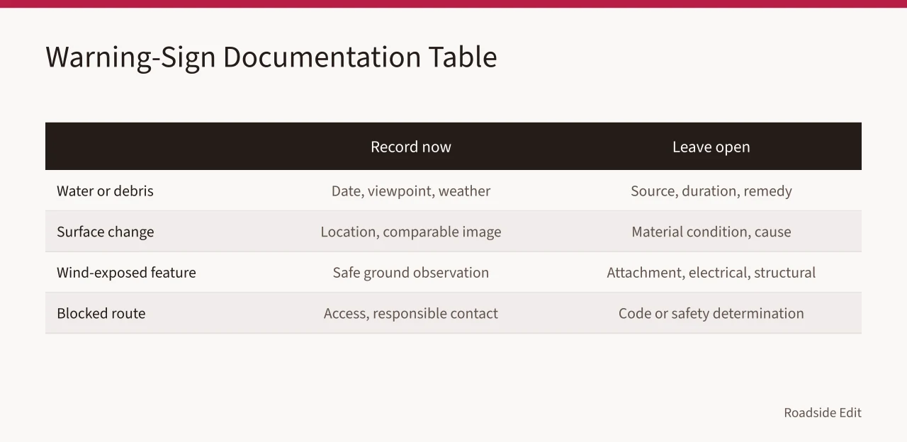 Table comparing what to record now versus what to leave open for warning signs (How to document motel exterior regional warning signs before 2027)
