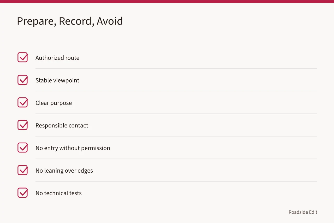 Checklist of authorized route, stable viewpoint, clear purpose, responsible contact (Motel exterior safety checklist: what to record before you decide to stop)