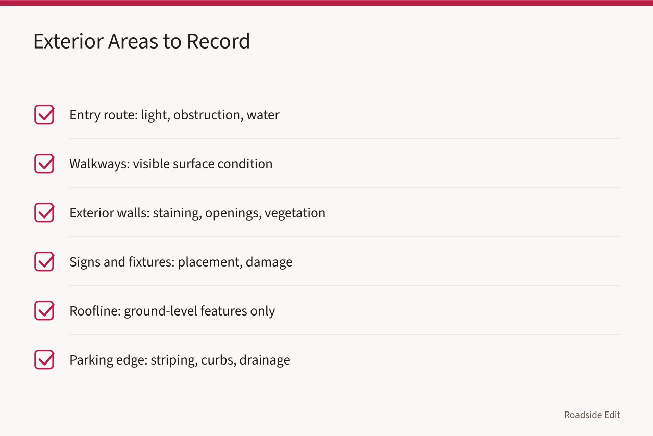 Six exterior areas with visible facts to record and questions to leave open (Motel exterior safety checklist: what to record before you decide to stop)