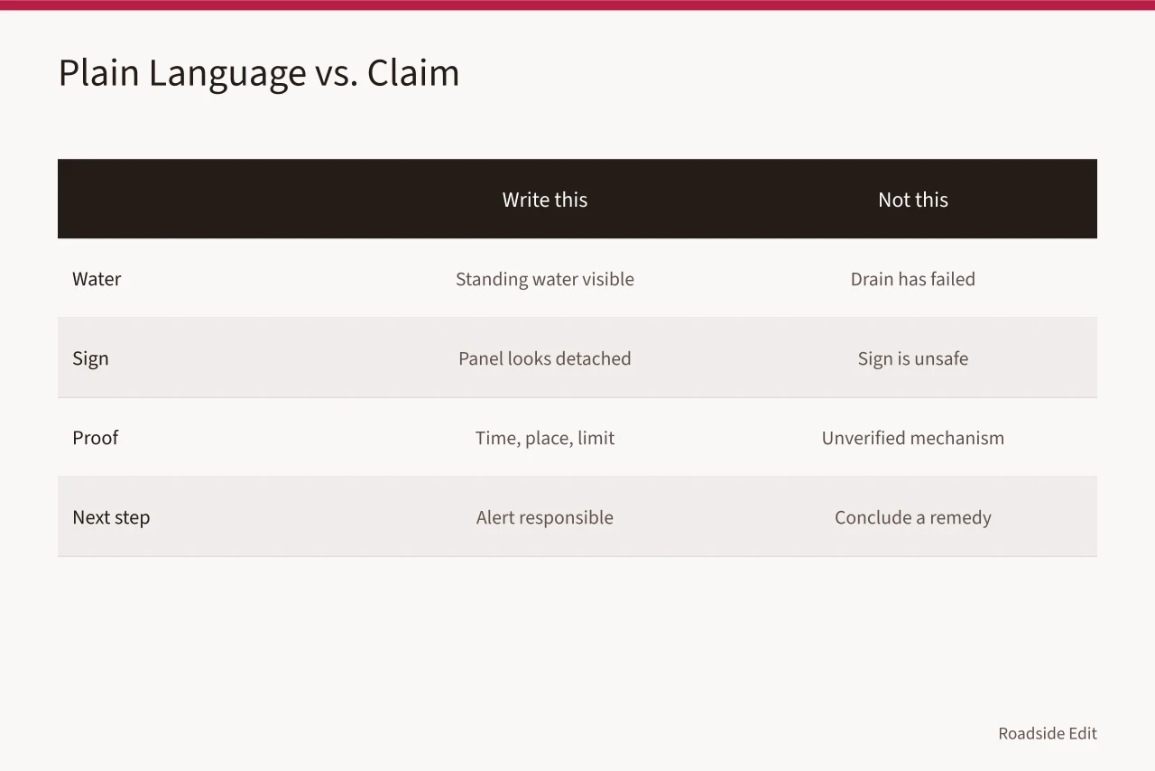 Comparison of plain-language observations against unsupported claims about drains and signs (Motel exterior safety checklist: what to record before you decide to stop)