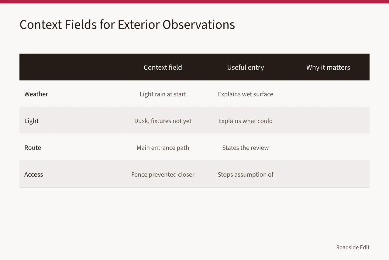 Comparison table of weather, light, route, and access context fields (Motel exterior safety records: how to keep observations, notices and fixes separate)