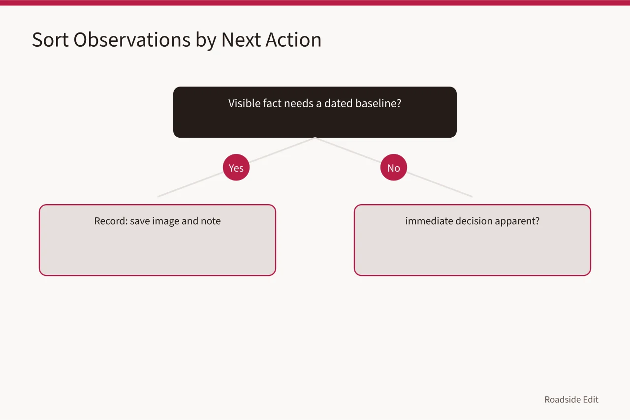 Decision flow sorting motel safety observations into record, monitor, notify, or emergency (How to build a motel exterior safety checklist that stops at what staff can see)