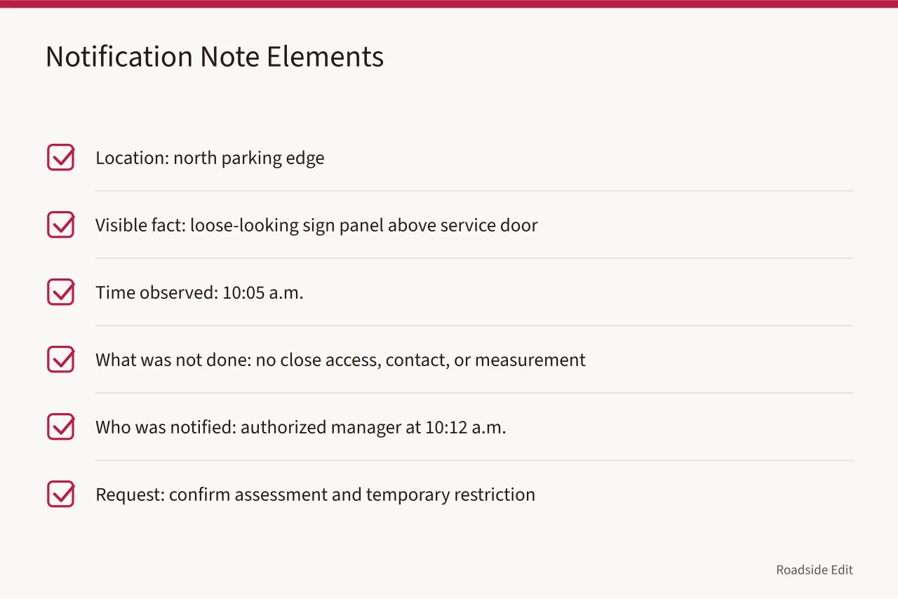 Checklist of elements for a brief, specific motel safety notification note (How to build a motel exterior safety checklist that stops at what staff can see)