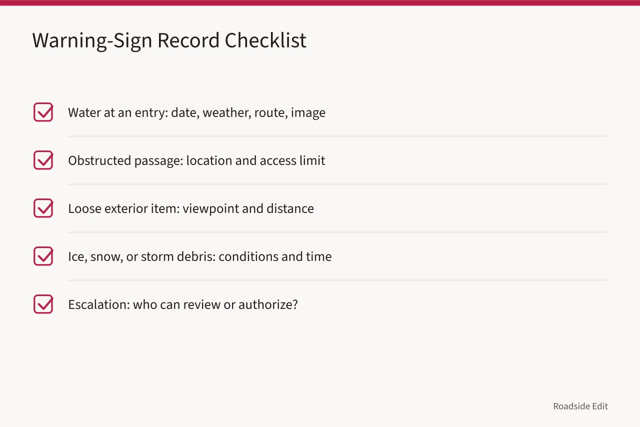 Checklist of visible exterior changes and what to record (Motel exterior safety checklist: how to document warning signs in 2027)
