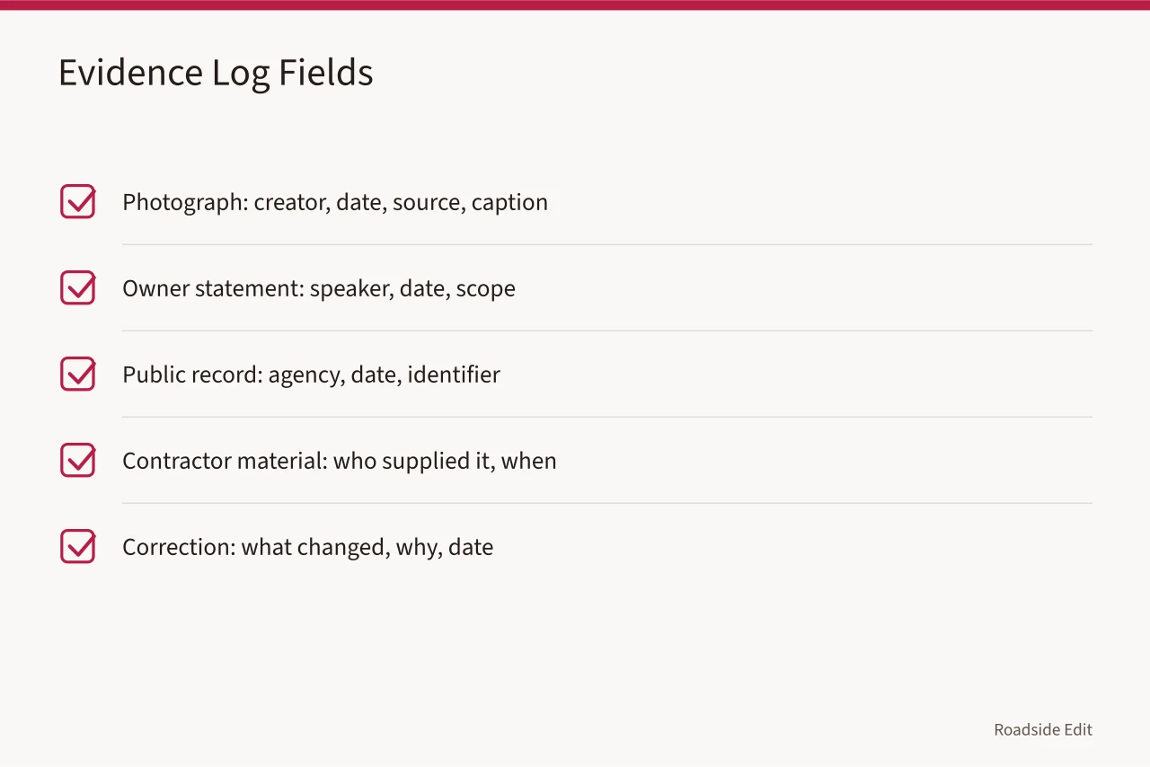 Checklist table of five evidence types with what to record (Neon sign restoration case study checklist: how to scope evidence and claims for 2027)