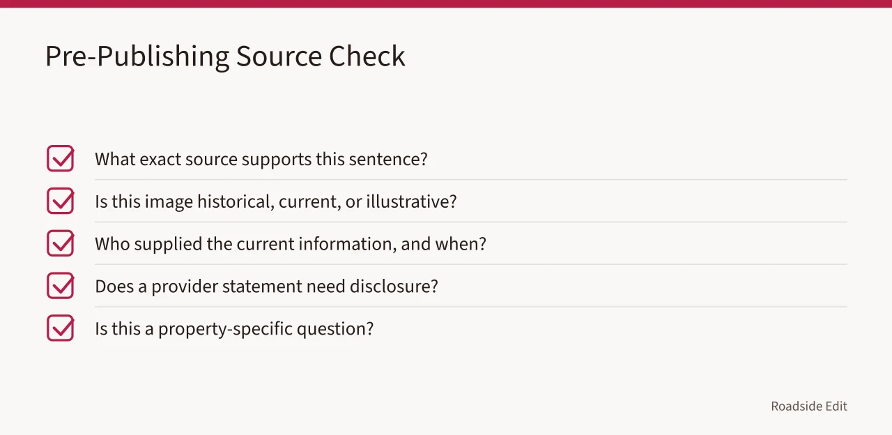 Checklist of five source-review questions before publishing neon sign claims (Neon sign restoration questions: check the claim before you file it)