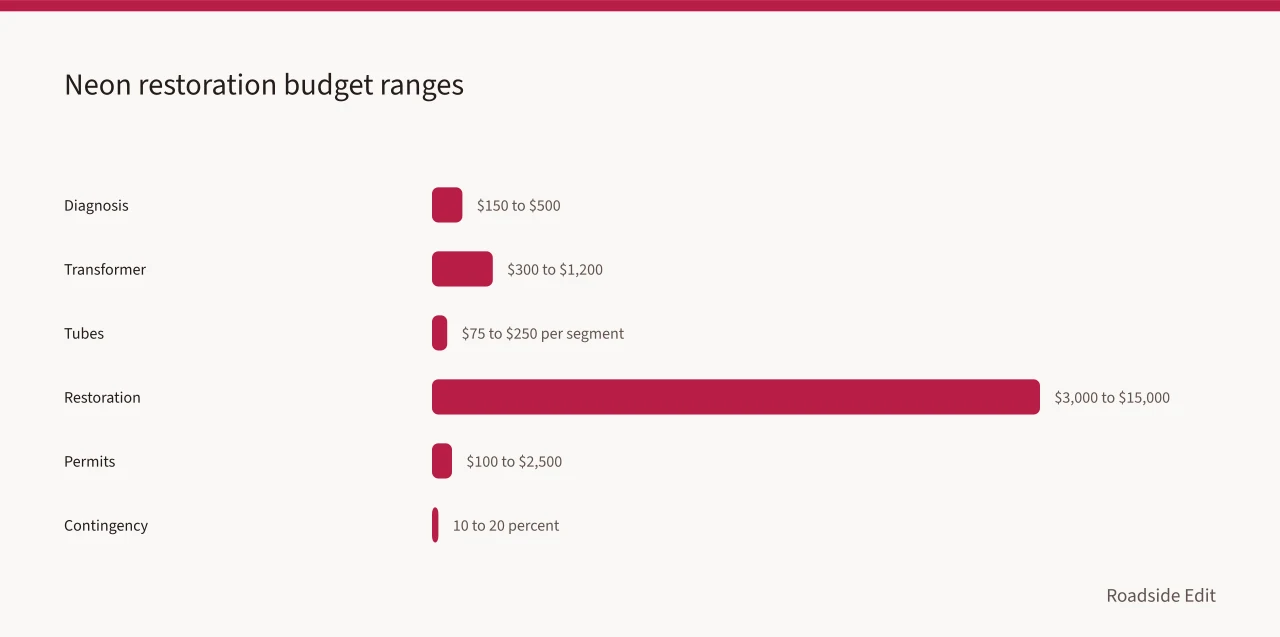 Bar chart of neon restoration budget categories and dollar ranges (Neon sign restoration: budget notes that help owners avoid costly mistakes)