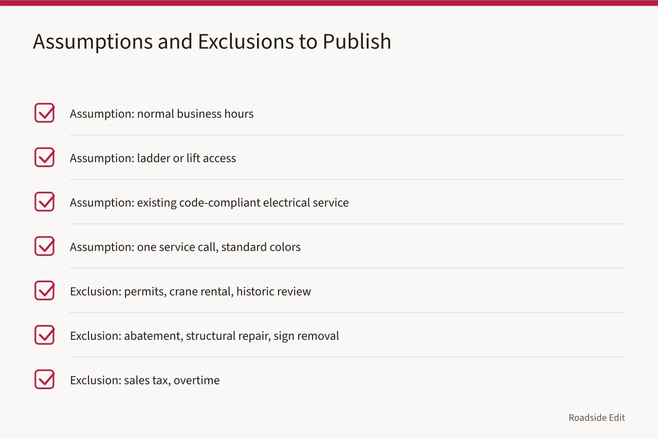 Checklist of stated assumptions and listed exclusions for a neon restoration range (How neon sign restoration providers should publish 2027 budget ranges)