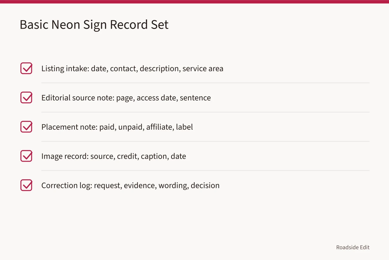 Checklist of five neon sign provider record types with key fields (How owners can build neon sign restoration provider records for 2027)