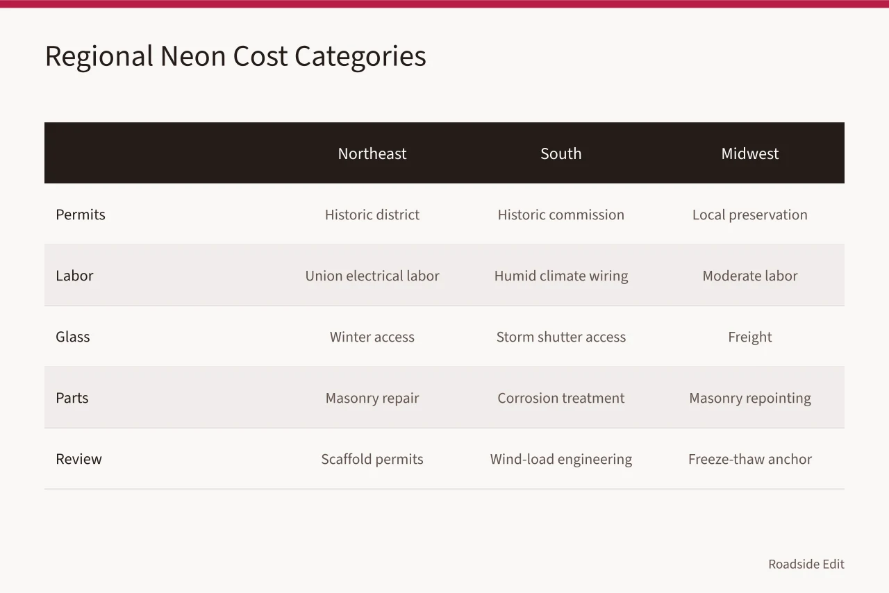 Table comparing neon restoration cost categories across five U.S. regions (Neon sign restoration budget notes: how to separate regional costs in 2027)