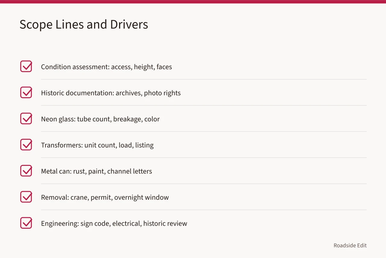 Checklist of neon restoration scope lines with their cost drivers (How to write budget notes for neon sign restoration in 2027)