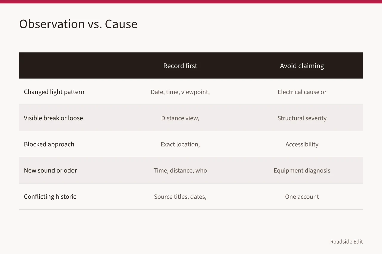 Table comparing what to record versus what to avoid claiming (Neon sign restoration care: 7 warning signs owners should catch before 2027)