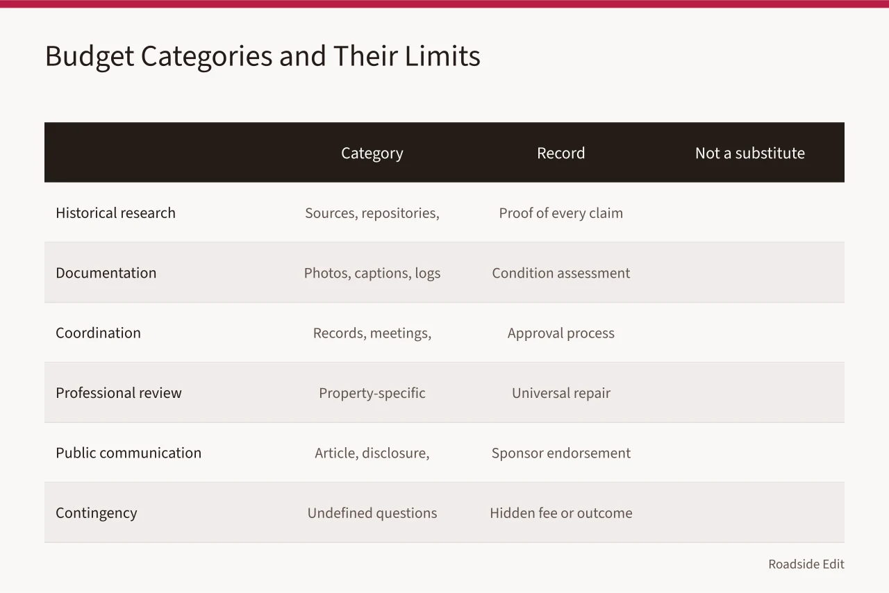 Table comparing six neon sign restoration budget categories with their records and limits (How to plan neon sign restoration costs without guesswork)