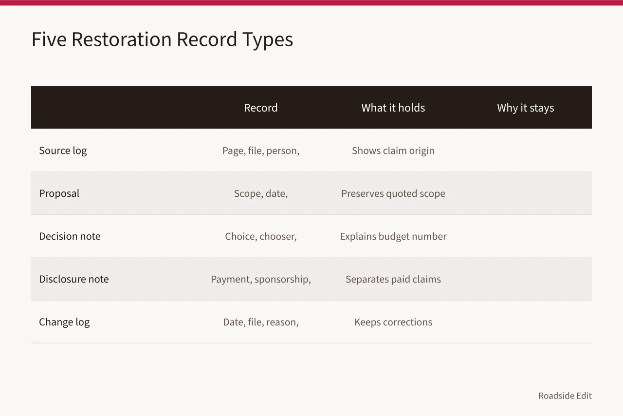 Table of five neon sign restoration record types and their contents (How owners should keep neon sign restoration cost records)