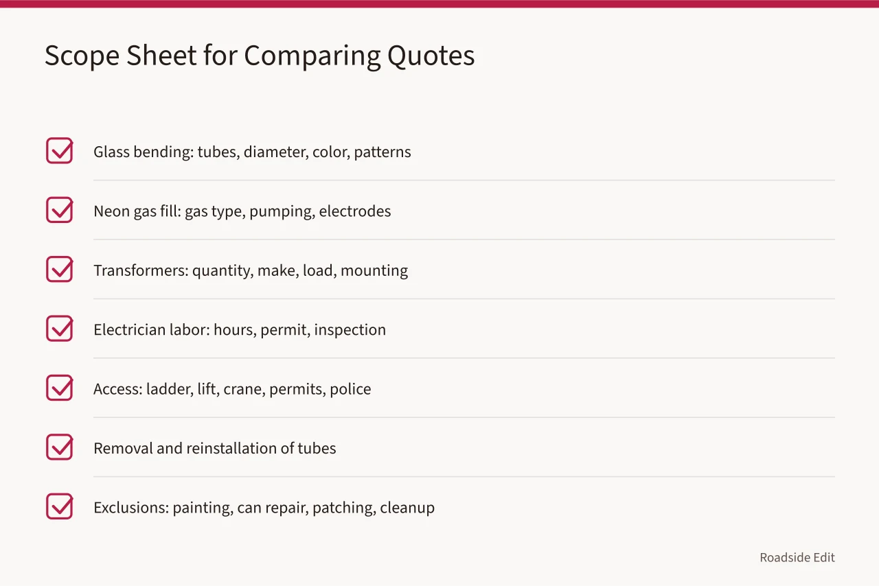 Checklist for comparing neon restoration quotes line by line (Neon sign restoration costs in the US: glass, gas, transformers and labor)