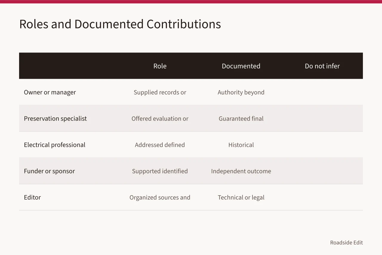 Table mapping project roles to documented contributions and what not to infer (Neon sign restoration fundamentals: what owners should document first)