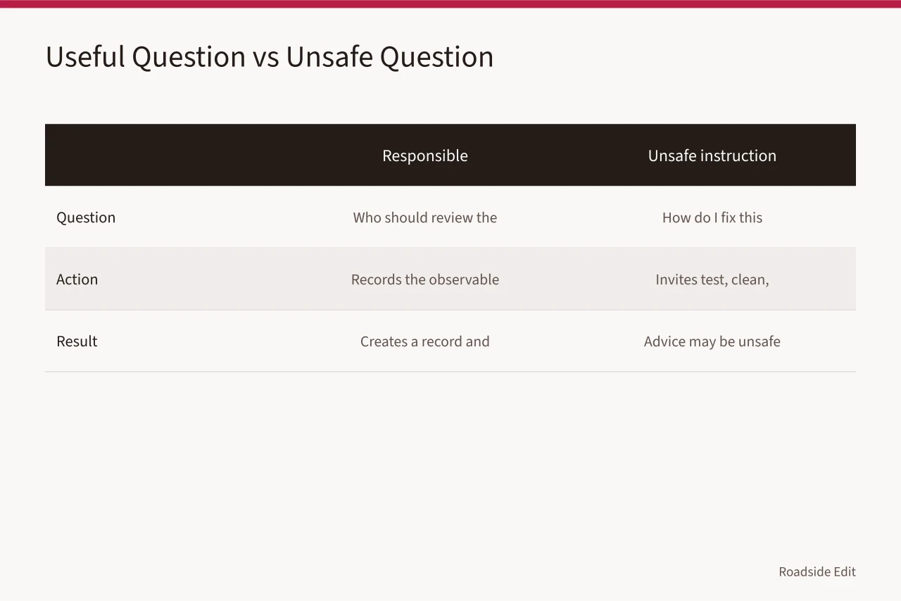 Comparison of a responsible handoff question and an unsafe repair instruction (How to avoid common neon sign restoration mistakes before you publish)