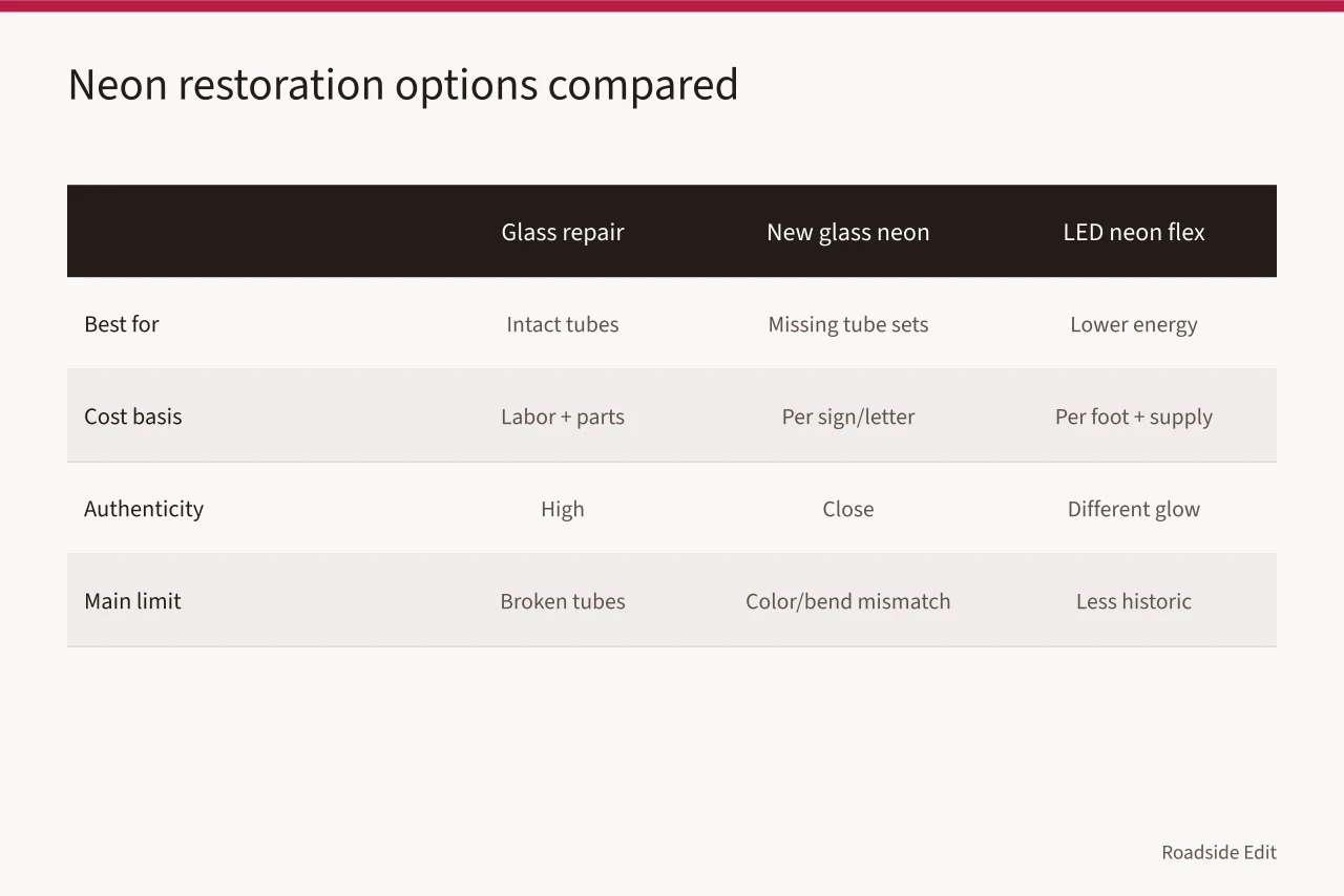 Comparison table of glass repair, new neon, LED flex, and faux neon options (How to compare neon sign restoration options before you commit)