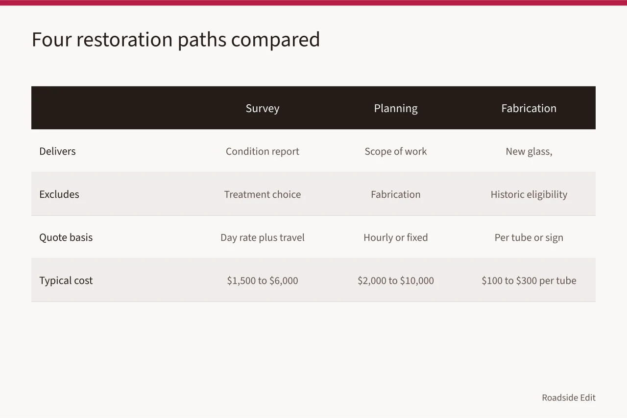 Comparison table of four neon sign restoration paths and their limits (Neon sign restoration options compared: how owners choose the right path)