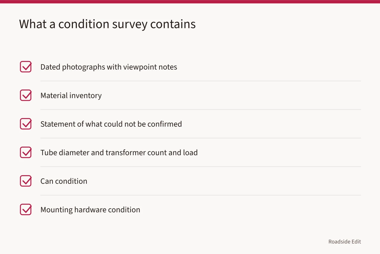 Checklist of items a neon sign condition survey should contain (Neon sign restoration options compared: how owners choose the right path)