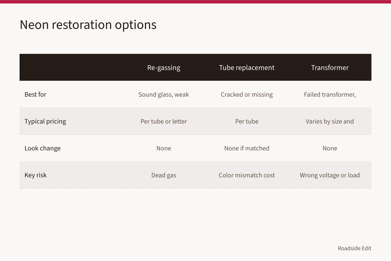 Comparison table of six neon sign restoration options and their trade-offs (Neon sign restoration options comparison: warning signs to check before you choose)
