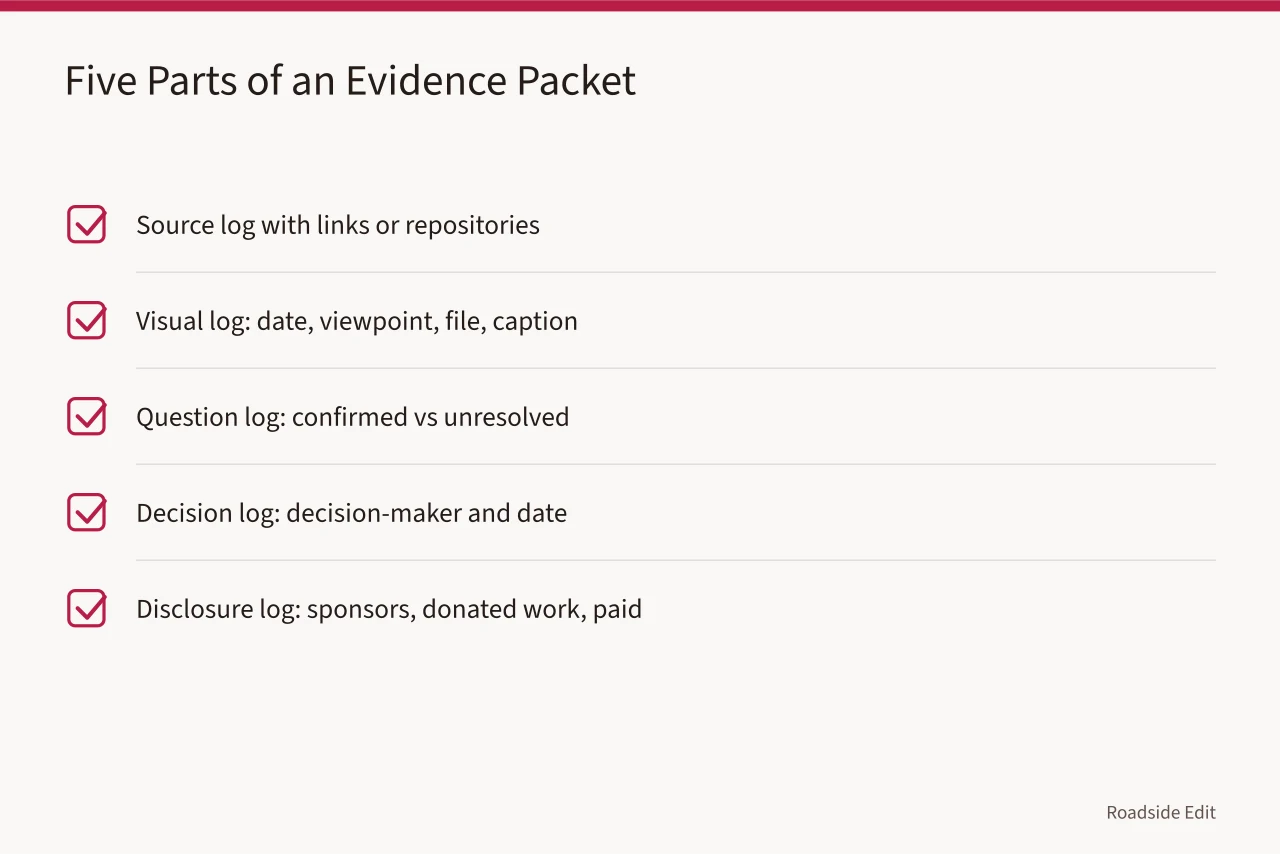 Checklist of five parts of a reviewable evidence packet (Neon sign restoration planning: build a project record before you set a scope)