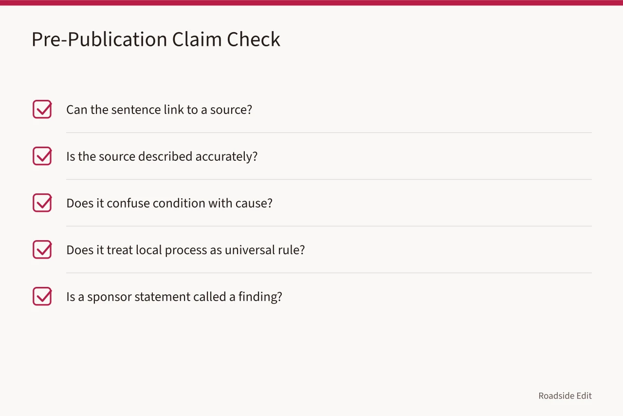Checklist of five pre-publication source and accuracy checks (Neon sign restoration planning: build a project record before you set a scope)