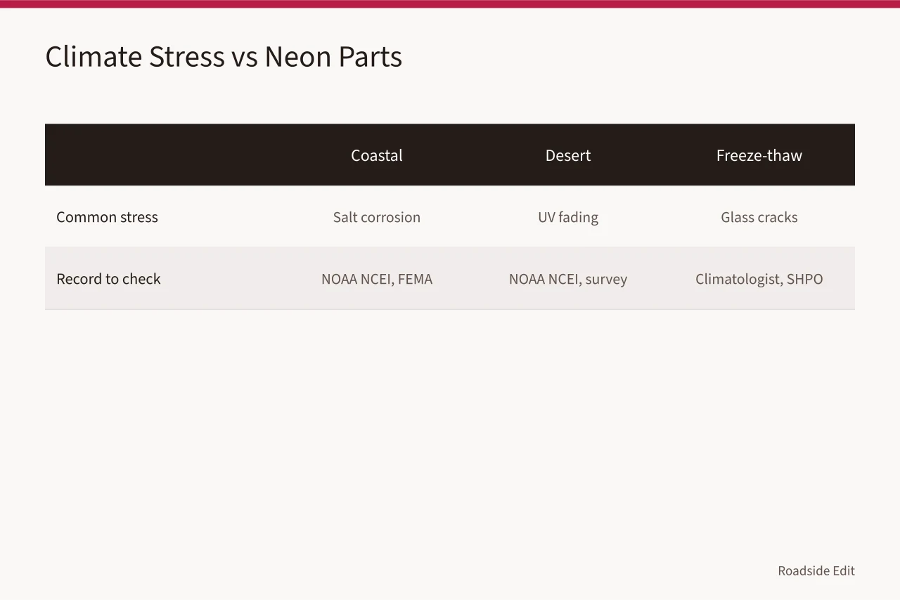 Table comparing five climate zones to neon stress and records (How to build a neon sign restoration guide around regional climate and records)