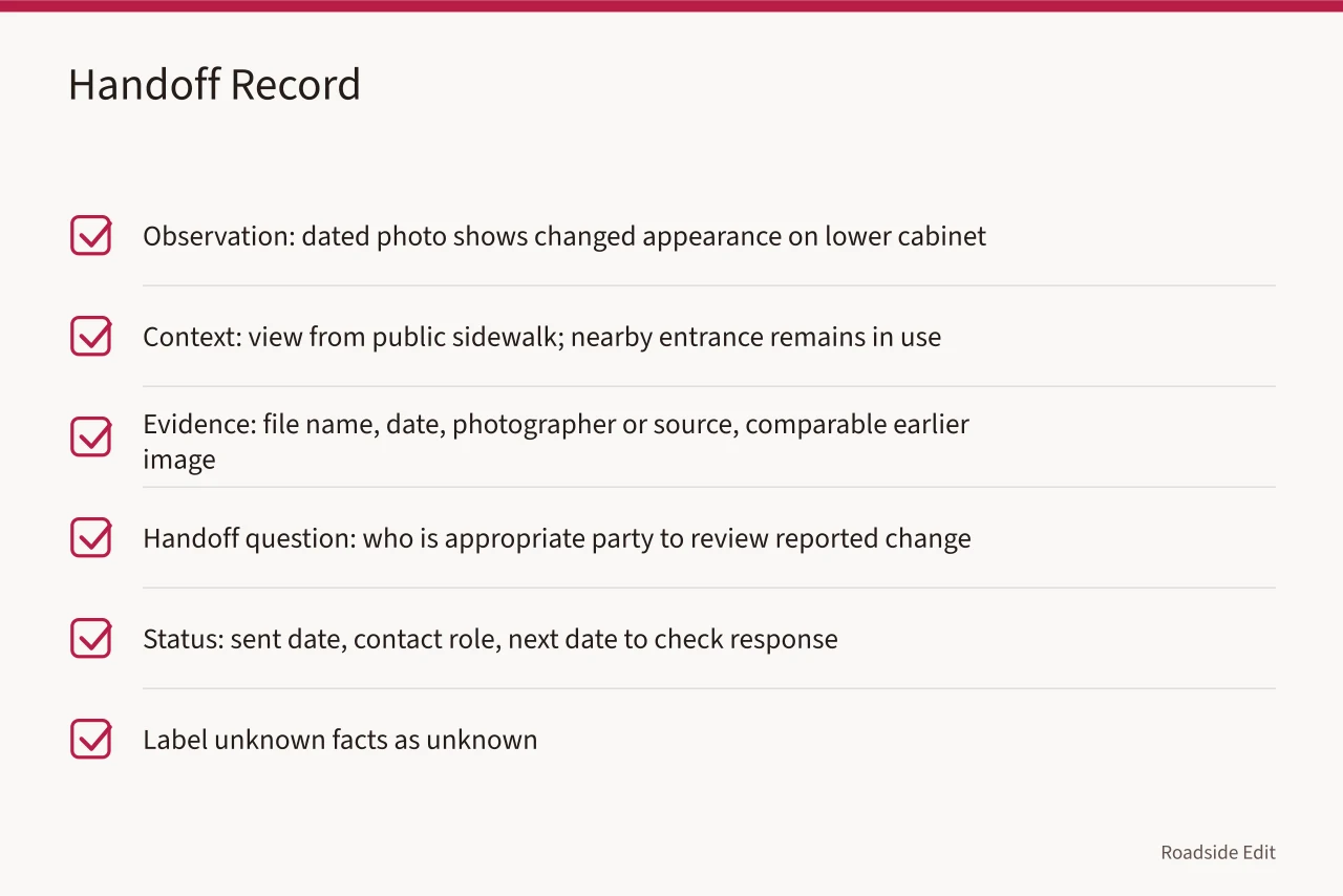 Handoff record checklist for neon sign restoration safety review (Neon sign restoration safety checklist: what to document before anyone visits)