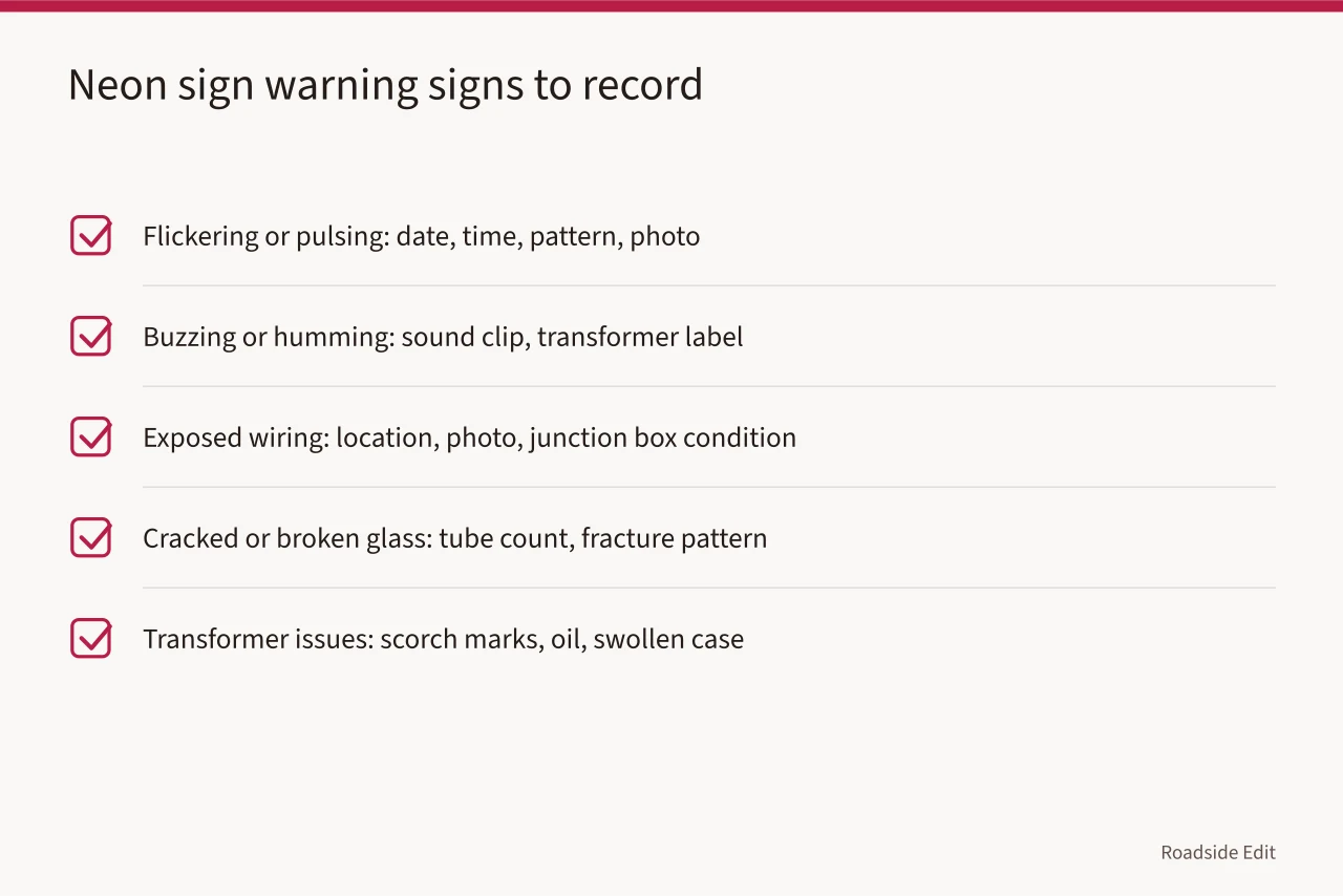 Checklist of neon sign warning signs with what to record for each (Neon sign restoration safety checklist: how to flag warning signs in your records)