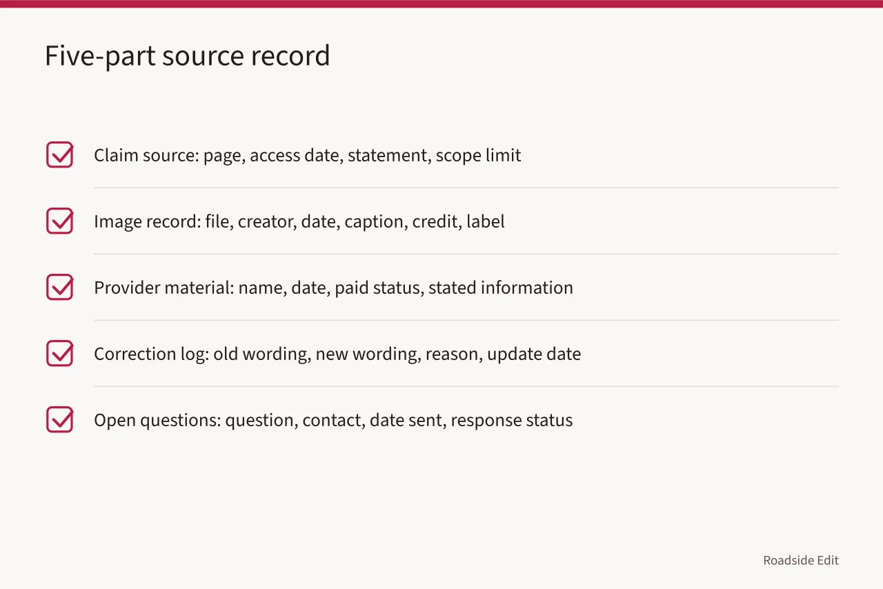 Checklist of five source record parts: claim, image, provider, correction, questions (How neon sign restoration owners can build source records that prevent mistakes)