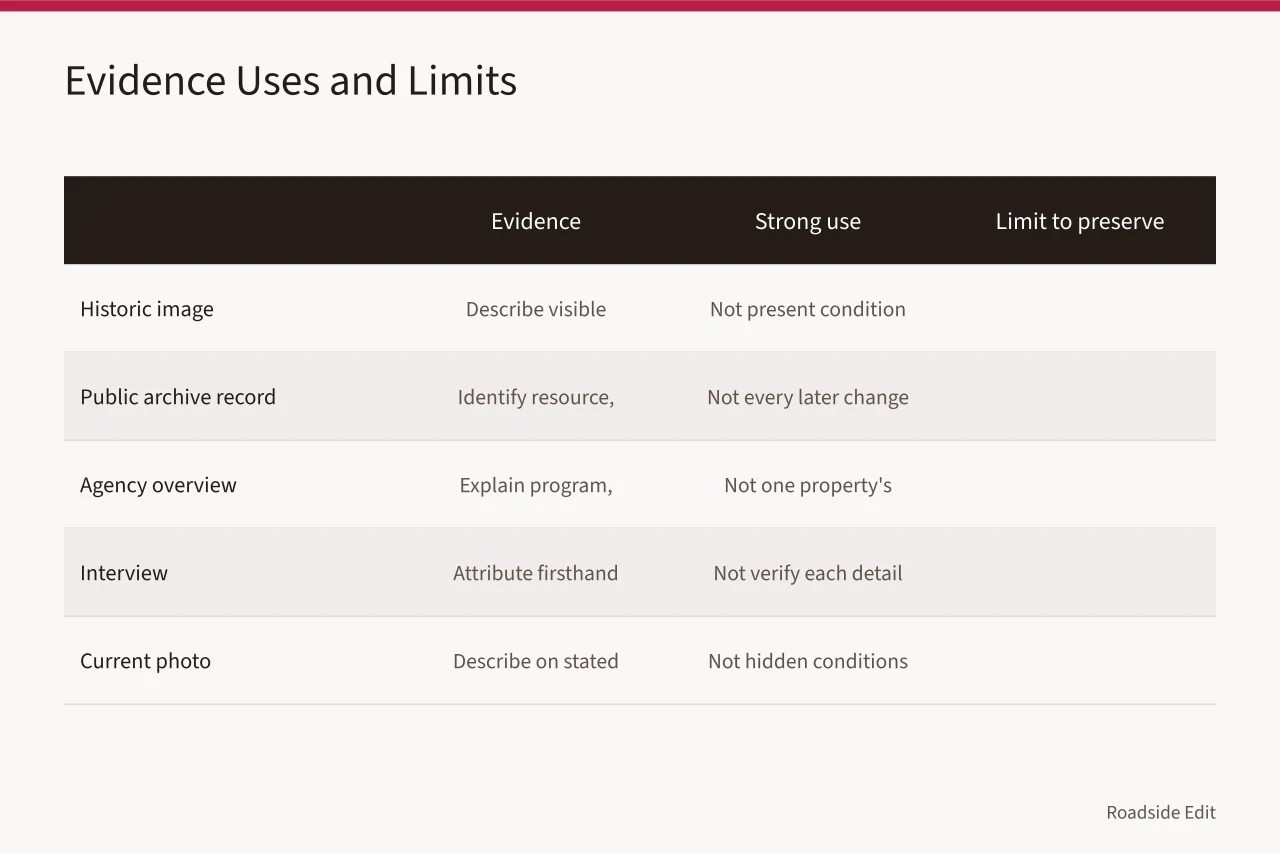 Table of five evidence types with strong uses and limits (Gas station preservation planning: build the evidence stack before you publish)