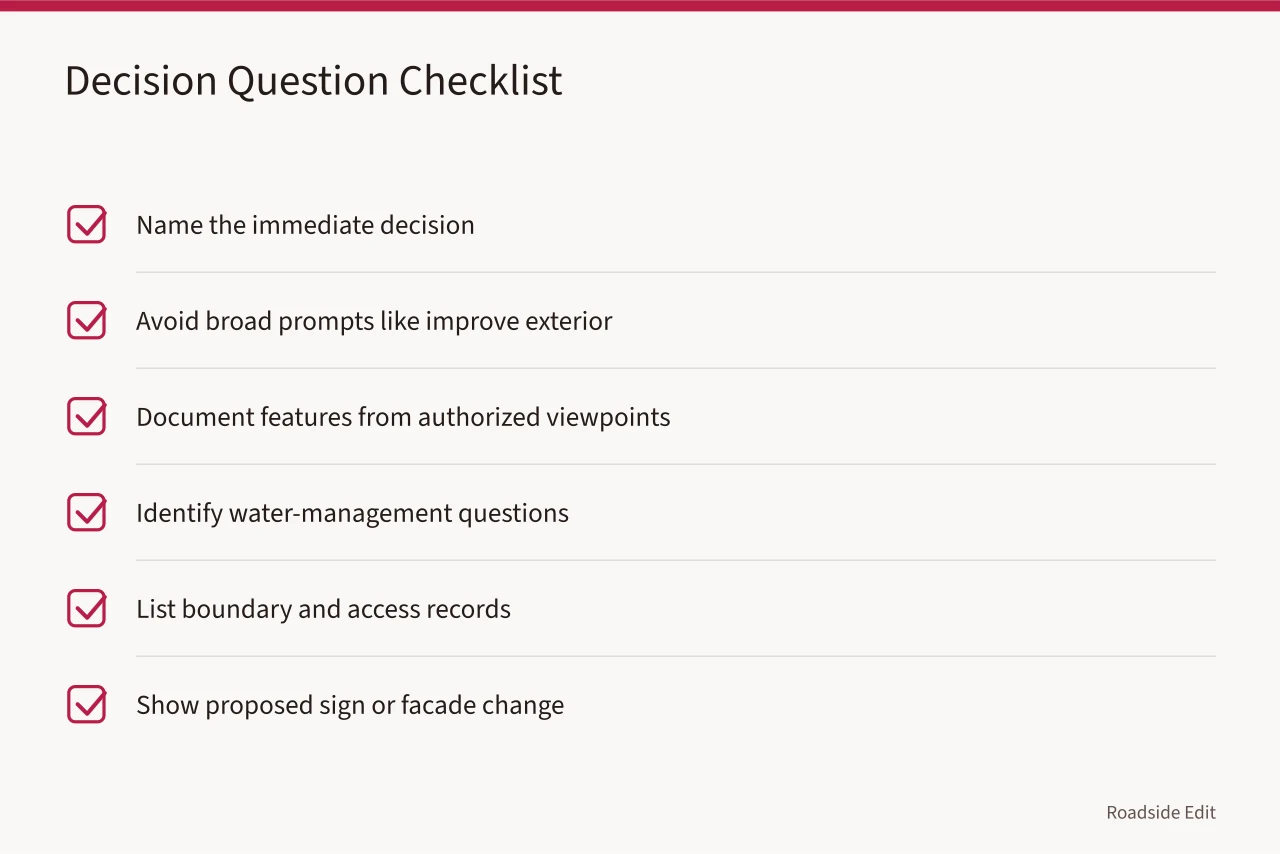 Checklist of decision question examples for motel exterior planning (A motel exterior planning workflow, from decision question to next step)