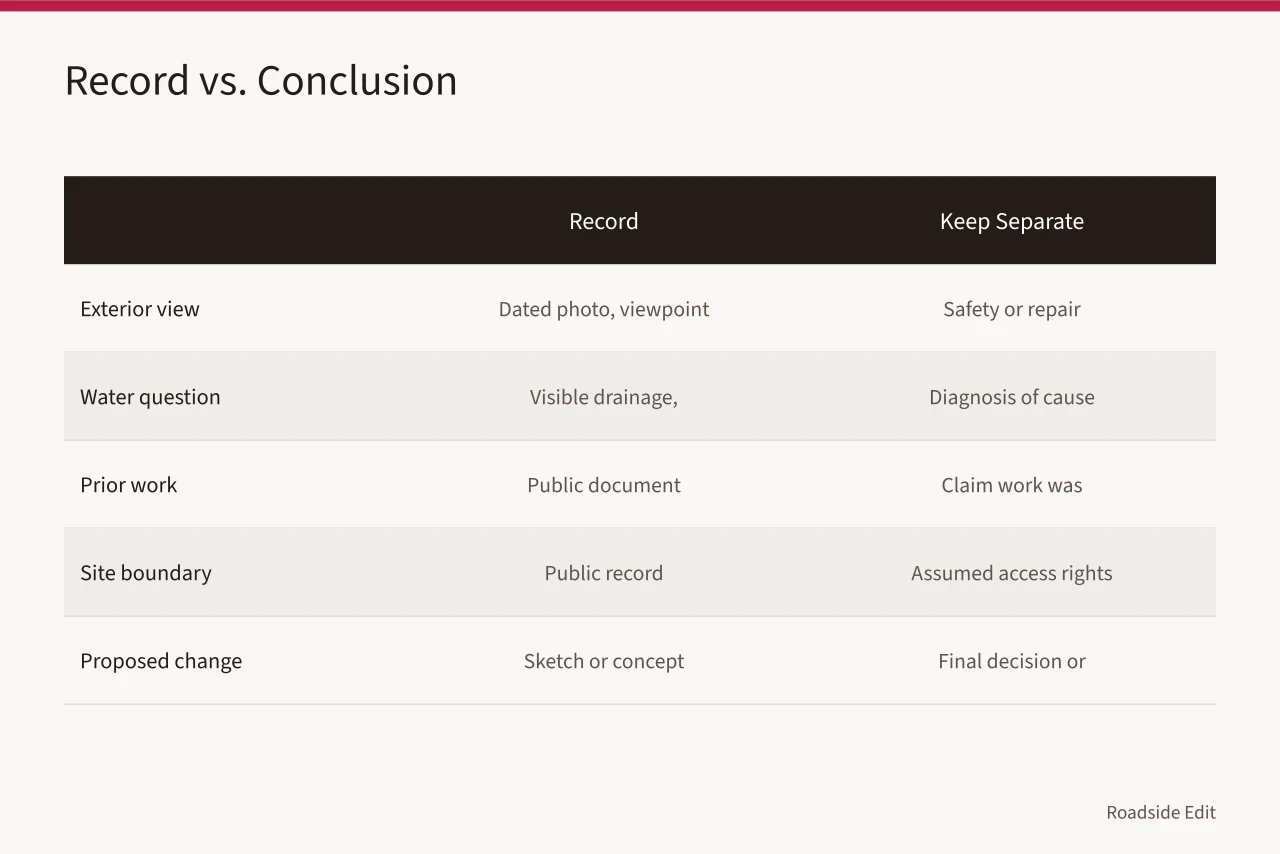Comparison table of existing-conditions records versus conclusions to keep separate (A motel exterior planning workflow, from decision question to next step)