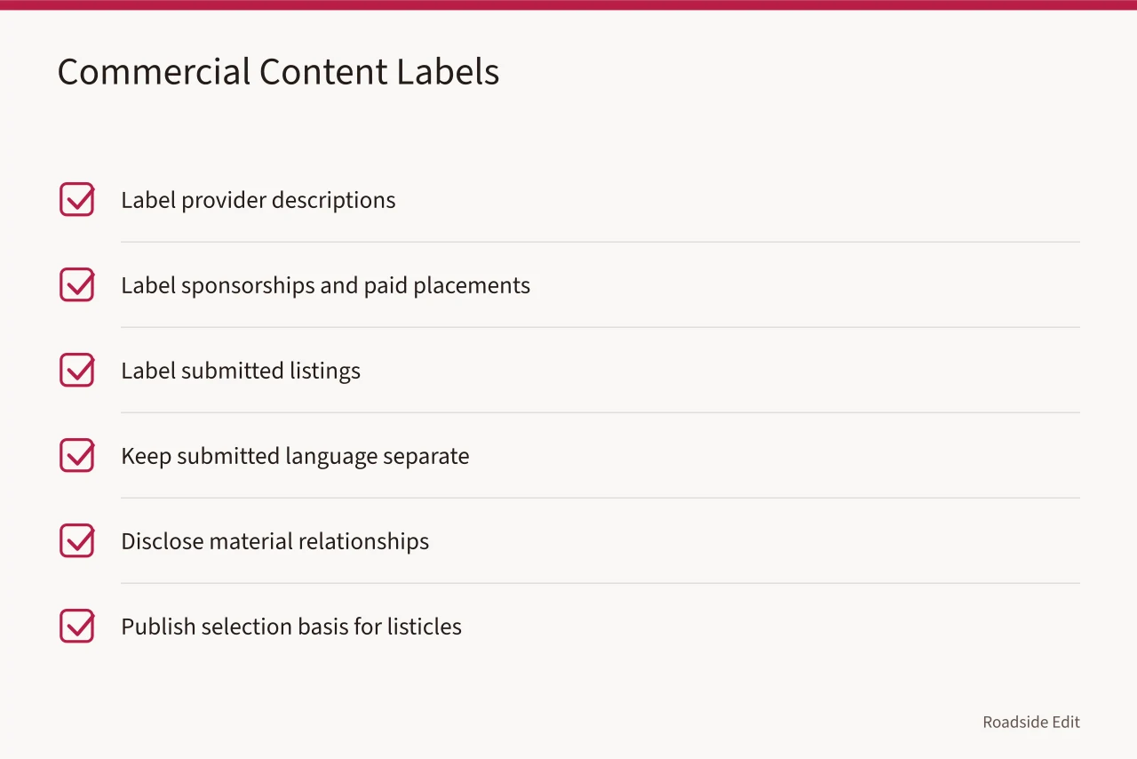 Checklist for labeling commercial information in motel exterior planning (A motel exterior planning workflow, from decision question to next step)