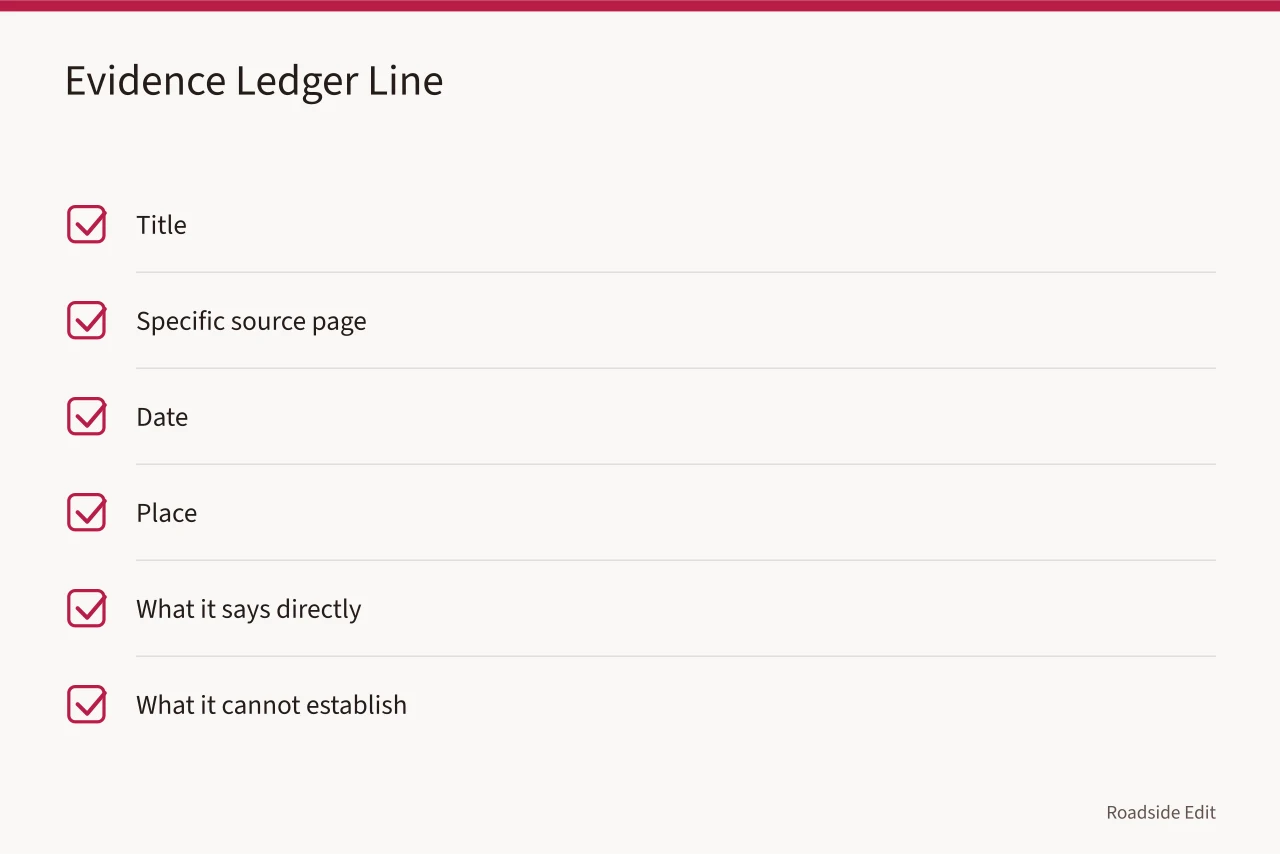 Checklist of fields for one line in an evidence ledger (How to plan a roadside building workflow before the draft exists)