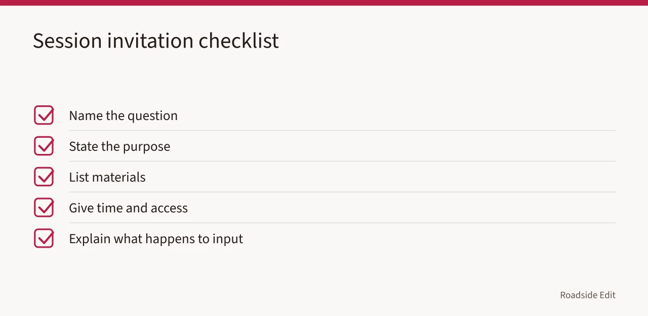 Checklist of items to include in a participation session invitation (How to plan a roadside design studio workflow before you pick options)