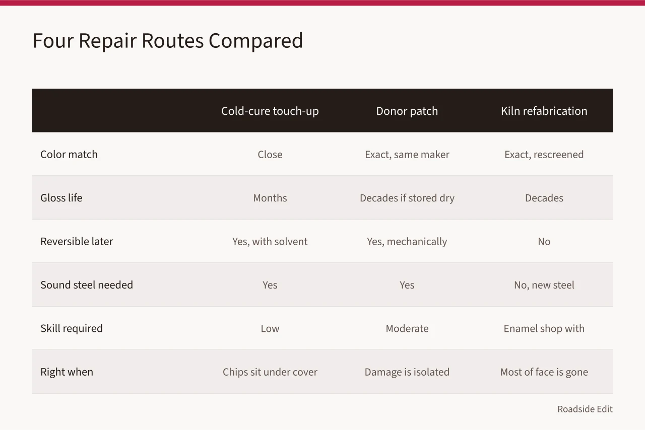 Comparison table of four porcelain enamel panel repair routes (Are Porcelain Enamel Gas Station Panels Repairable?)