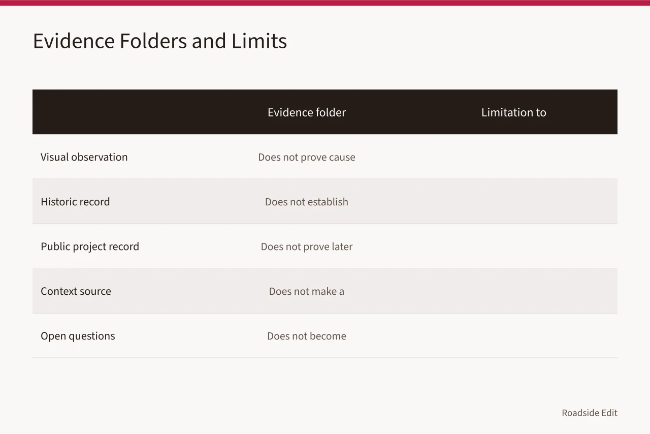 Table of evidence folders, appropriate uses, and stated limitations (Roadside architecture case study method: how to build a claim map before you draft)