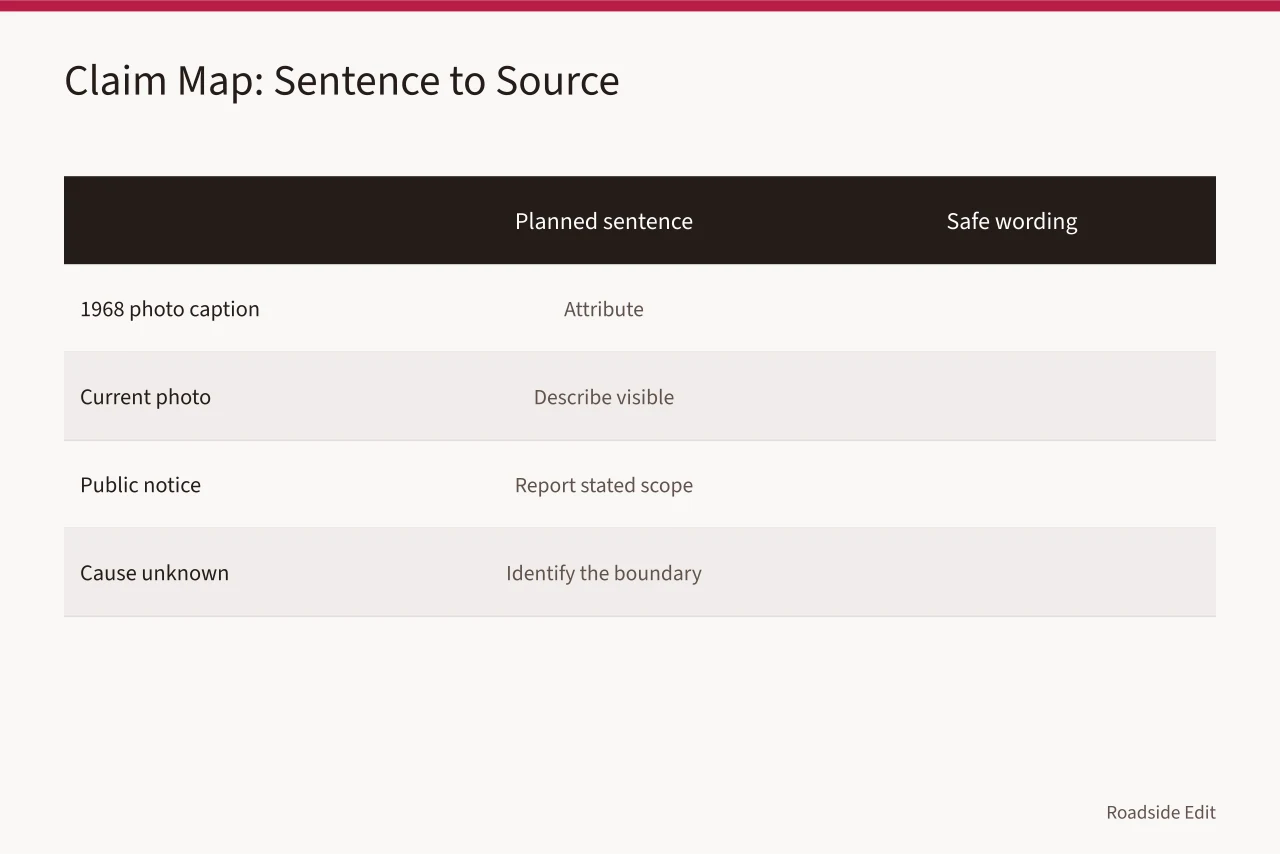 Claim map table linking planned sentences to source types and safe wording (Roadside architecture case study method: how to build a claim map before you draft)