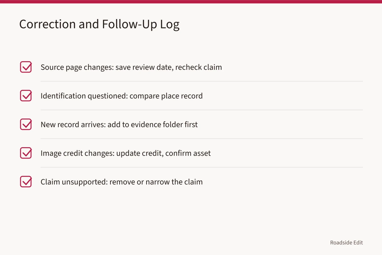 Checklist of correction and follow-up actions for a published case study (Roadside architecture case study method: how to build a claim map before you draft)