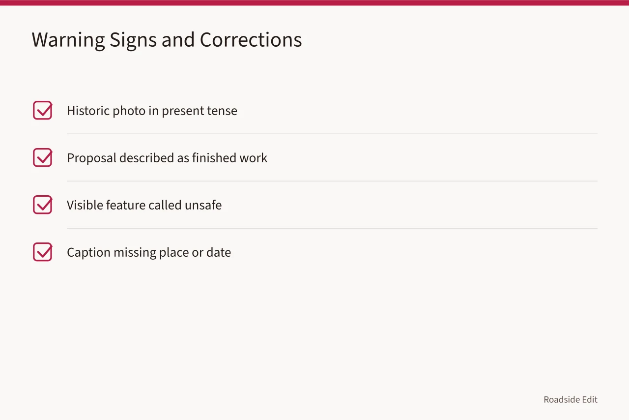 Checklist of four warning signs with editorial corrections (Roadside architecture case study warning signs: how editors catch mixed time periods)