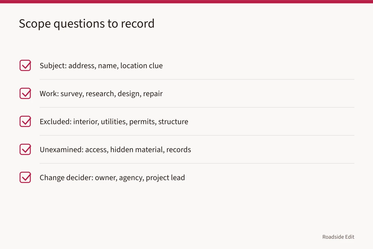 Checklist of five scope questions with what to record before estimating (Roadside architecture cost plan: how to document every estimate version)