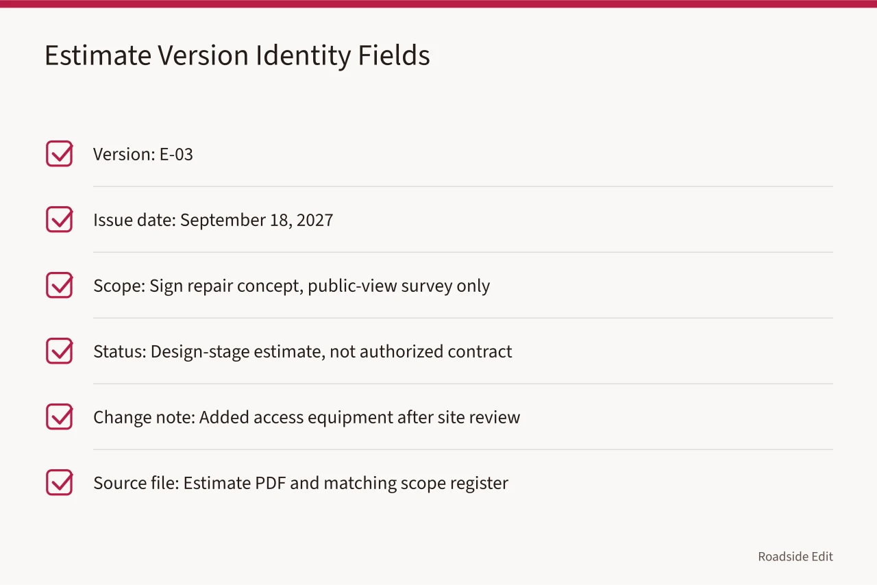Checklist of six estimate version identity fields with example entries (Roadside architecture estimate updates: how to preserve versions and explain revised figures)