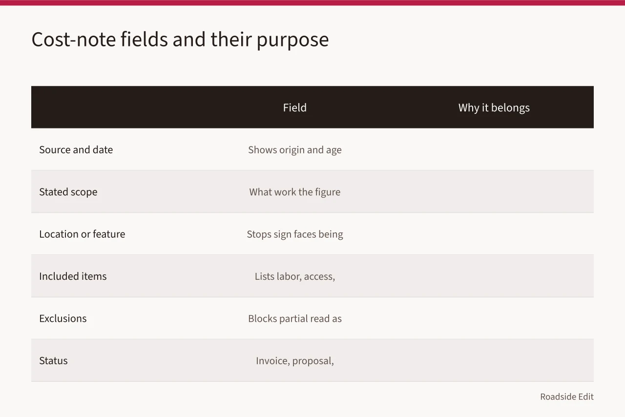 Table pairing six cost-note fields with the reason each belongs (How to write roadside architecture maintenance cost notes without false precision)