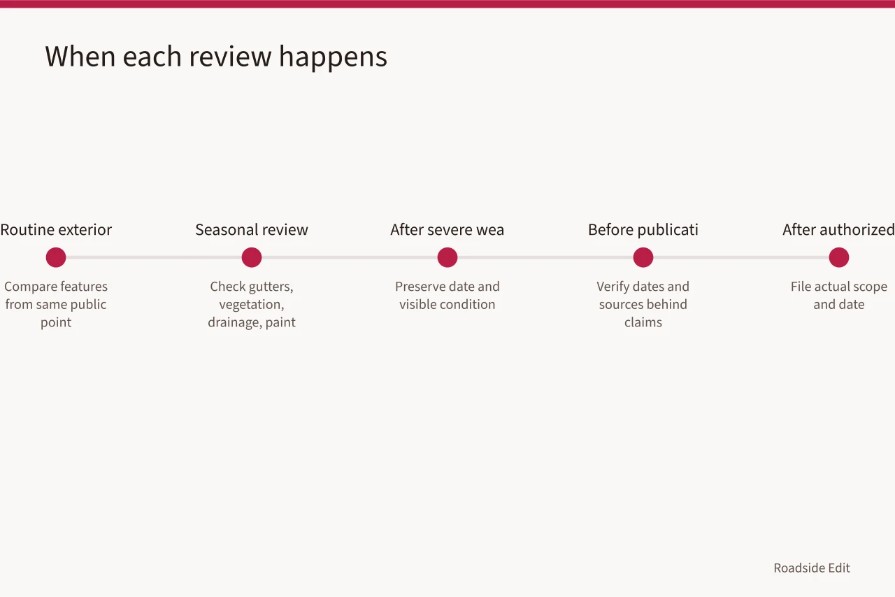 Five-part schedule of routine, seasonal, weather, publication and work reviews (How a roadside architecture maintenance plan keeps observation separate from repair work)