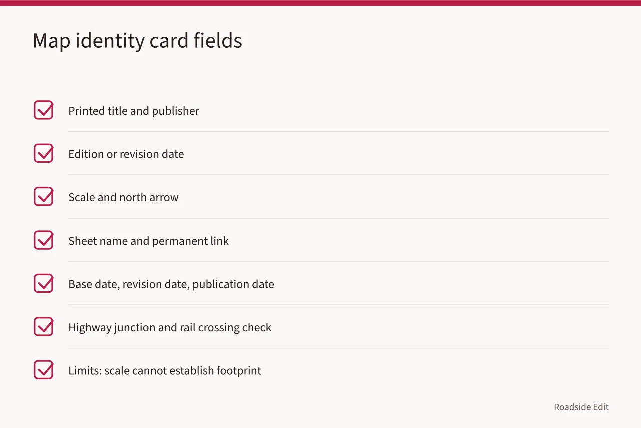 Checklist of map identity fields including title, dates, scale, and limits (How to review a roadside architecture map before you publish)