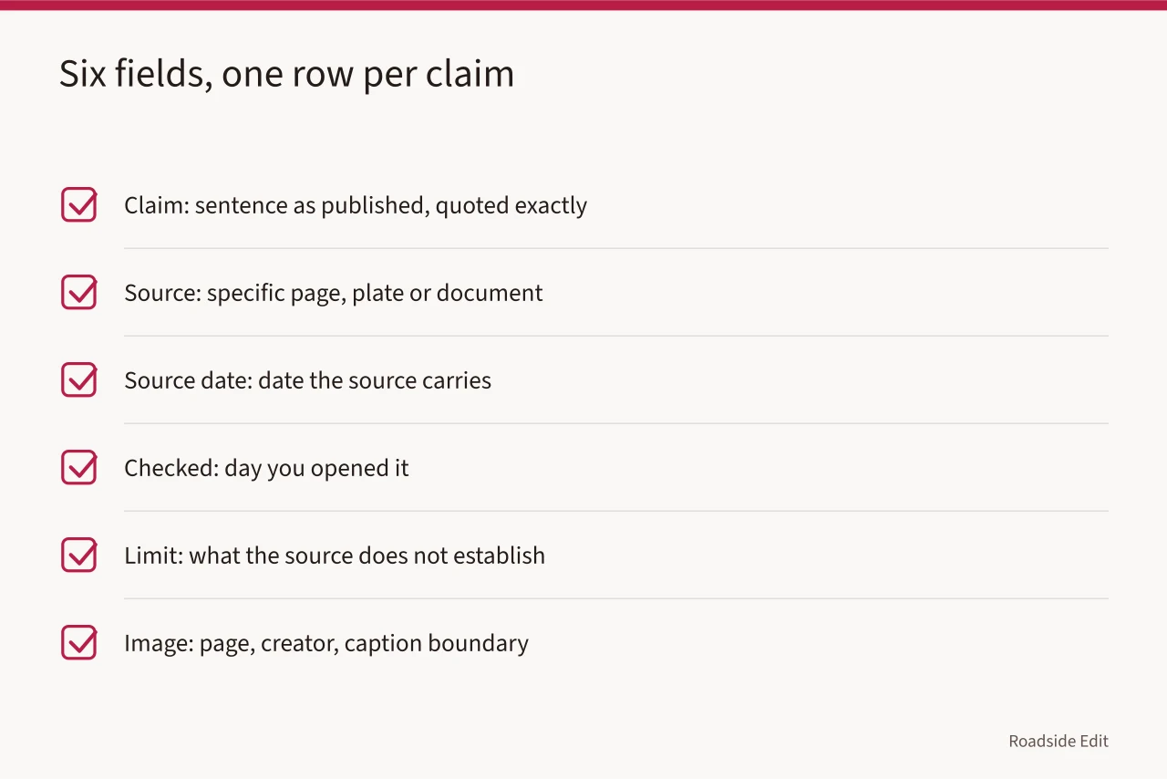 Checklist of six record fields: claim, source, source date, checked, limit, image (How to keep roadside architecture mistake records that last)