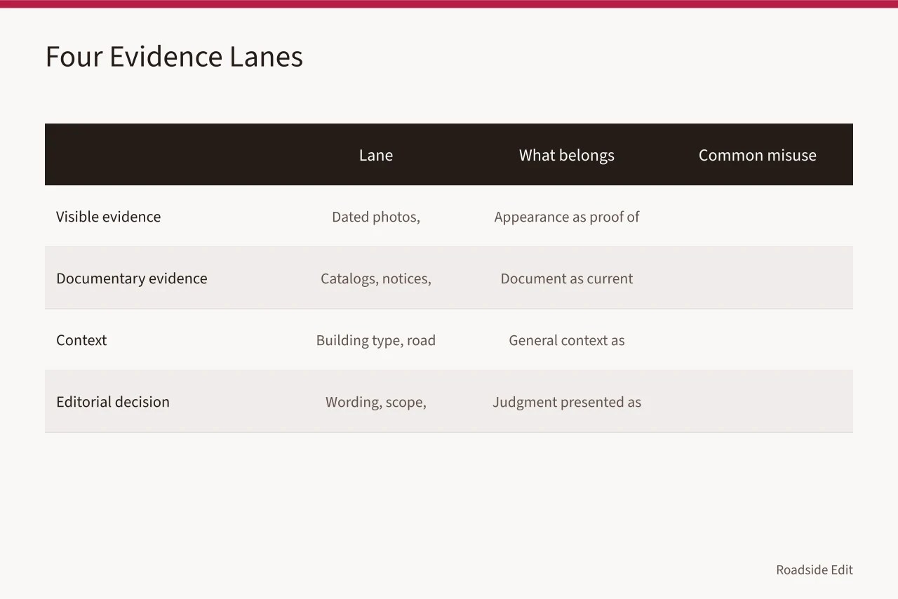 Table of four evidence lanes with contents and common misuses (Roadside architecture mistakes: a claim card method before you publish)